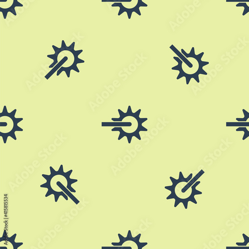 Blue Cowboy horse riding spur for boot icon isolated seamless pattern on yellow background. Vector.