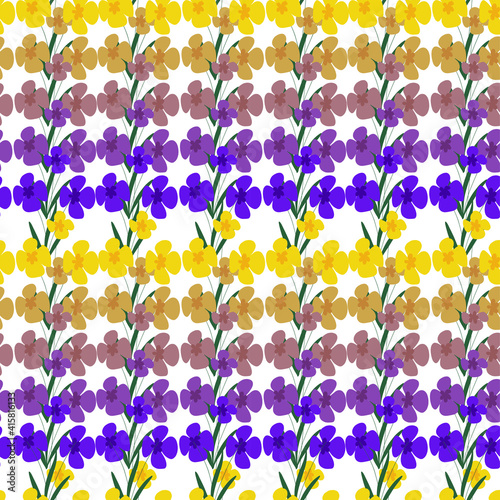 Floral seamless pattern. Yellow and purple flowers on a white background. Spring Print, Floral Print Fashion