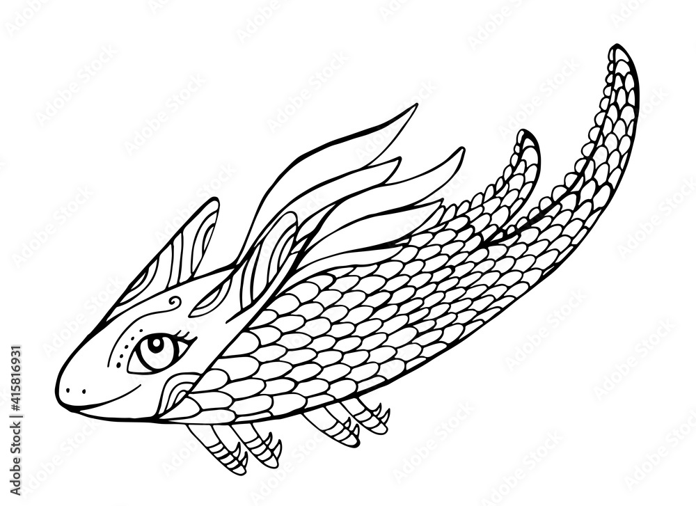 Fototapeta premium Mythical funny Dragon fantasy coloring page for kids and adults.