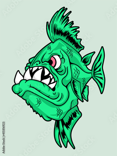 illustration of wild green piranha monster in vector cartoon