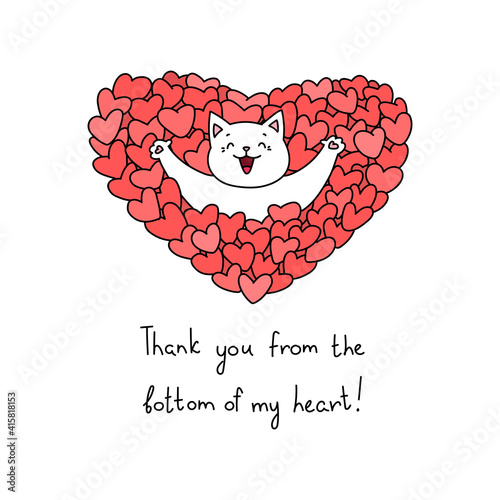 Thank you from the bottom of my heart. Illustration of a cute cat on a background of hearts. Vector 10 EPS