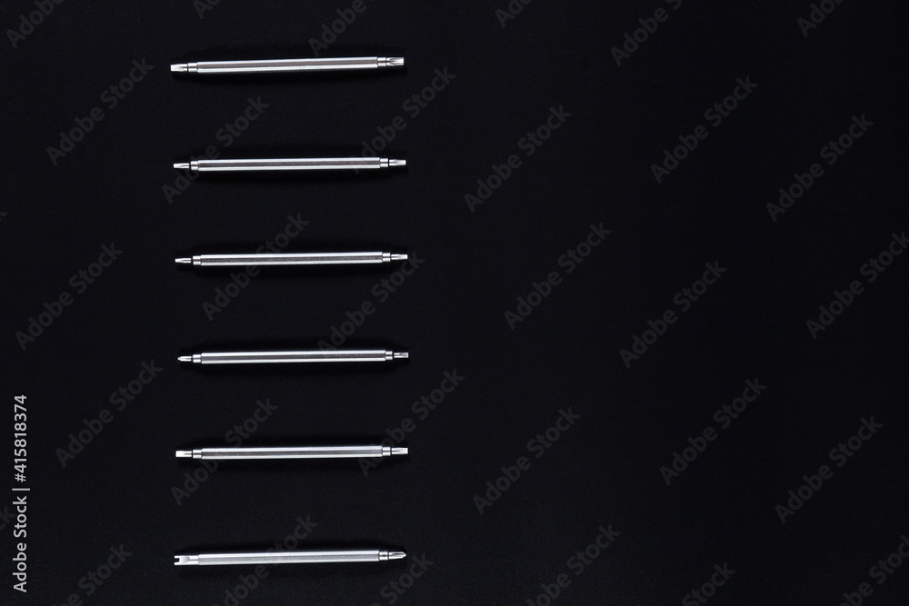 Set of screwdrivrs for electronics. Electronics screwdrivers on black with copy space.