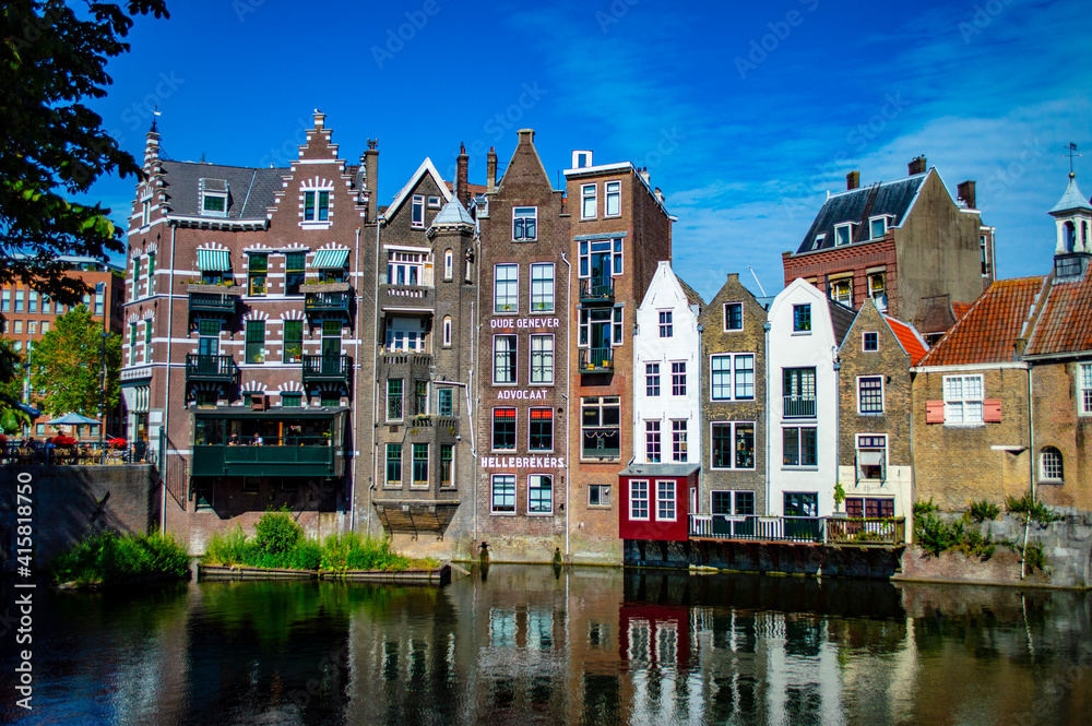 Rotterdam, Netherlands - July 5, 2019: Dutch architecture in Delfshaven, the historical district of the city of Rotterdam in the Netherlands
