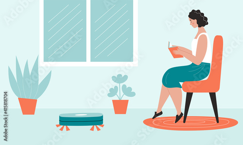 A woman is sitting on a chair and reading a book. A robot vacuum cleaner is working nearby.Concept of electronics for home, house cleaning, relaxation, recreation. Vector illustration in flat style