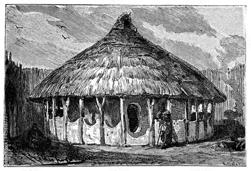 African Bantu village house. Culture and history of Africa. Vintage antique black and white illustration. 19th century. photo