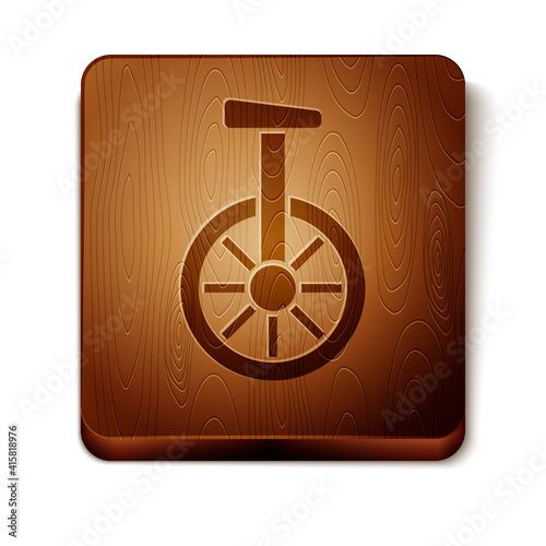Brown Unicycle or one wheel bicycle icon isolated on white background. Monowheel bicycle. Wooden square button. Vector.