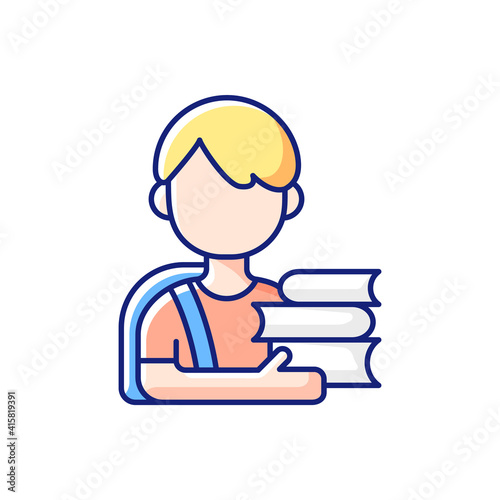 Schoolboy RGB color icon. Early childhood development. Elementary school. Early adolescence. Physical, thought, emotional changes. Building healthy social relationships. Isolated vector illustration