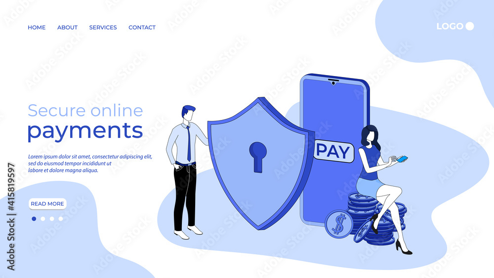 Secure online payments.The concept of secure online banking.Wireless online payment via smartphone.The application for the secure transfer of funds.3D image.Isometric vector illustration.