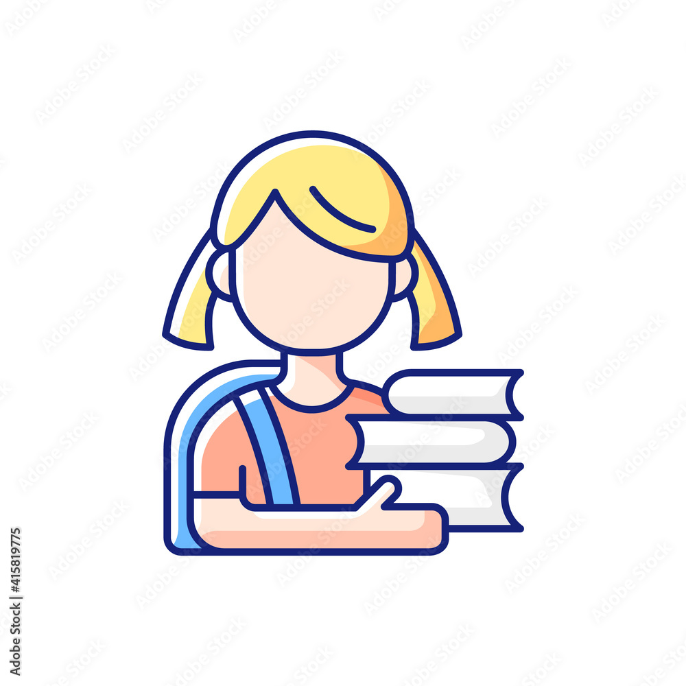 Schoolgirl RGB color icon. Physical, cognitive growth. Mental development. Elementary education. Period between infancy and adolescence. Relationship skills improvement. Isolated vector illustration