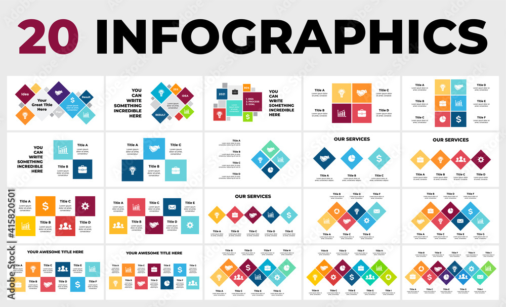 20 squares vector Infographics. Presentation slide template. Data visualization. 2, 3, 4, 5, 6, 7, 8, 9, 10 steps, options, processes.