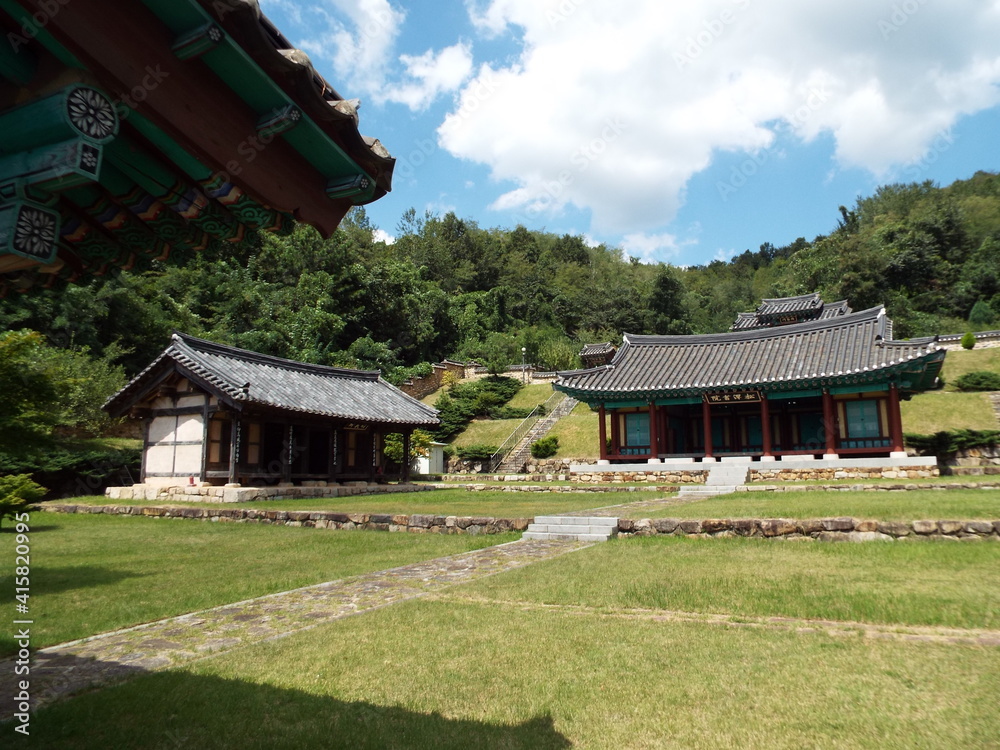 Gimhae, South Korea, September 3, 2017: Ancient buildings in the grounds of the Mileug-Am Buddhist temple. Gimhae, South Korea
