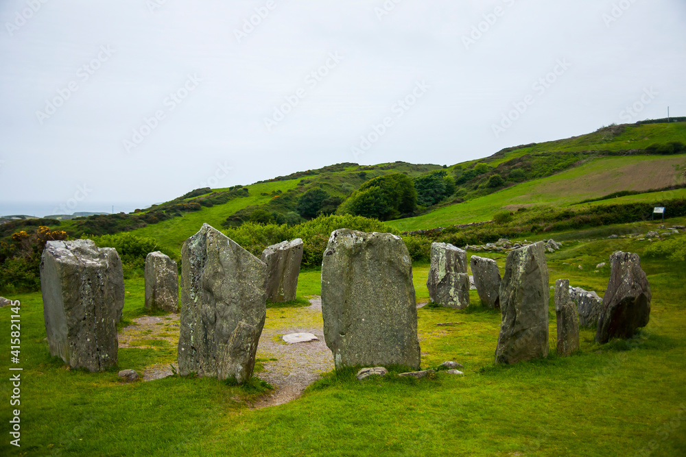 Spring landscape in Drombeg megaliths in Ireland