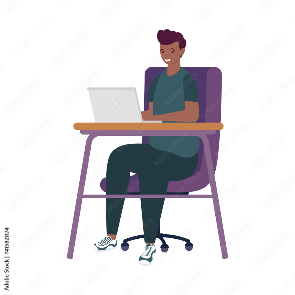 young afro man using laptop in desk online learning young afro man using laptop in desk online learning