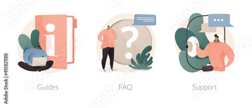 Customer help service abstract concept vector illustration set. Guides, FAQ and website support team, chatbot client problem solving, hotline call, online assistant, user experience abstract metaphor.