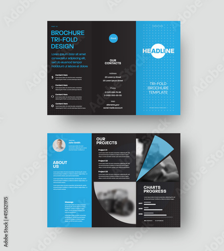 Vector trifold template with round blue design, leaflet isolated on black background, standard brochure for business promotion, advertising.