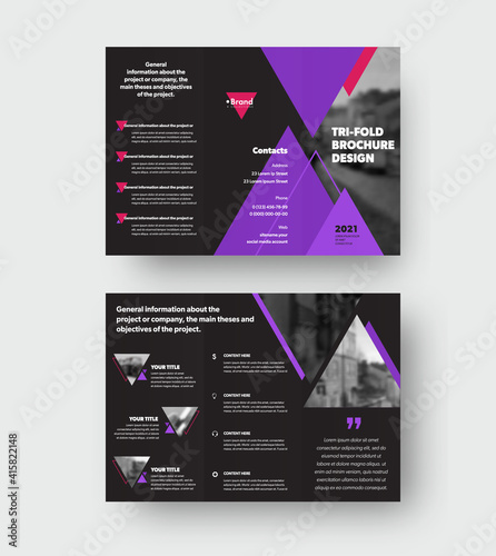 Vector Trifold brochure template with purple triangular design, with place for photo, shadows, on black background.