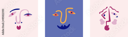 Set of vector illustrations portraits, surreal faces. Abstract shapes, silhouettes of faces. Collecton of posters with modern faces