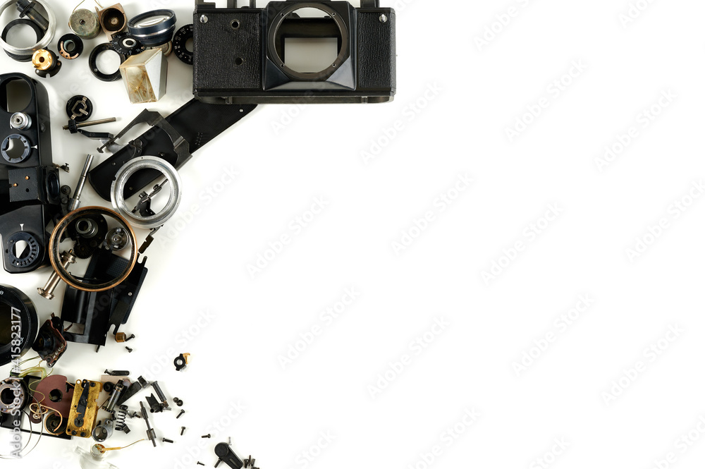 isolated camera parts on white background with space for text isolated camera parts on white background with space for text