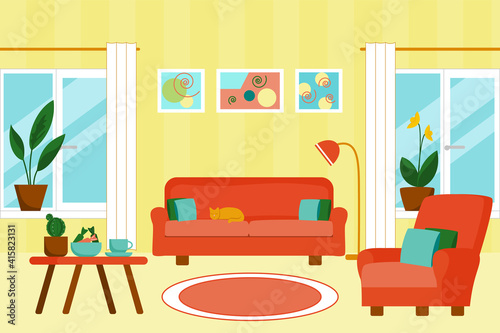 Interior of the living room with furniture. Cat is sleeping on the couch. There are cushions on the chair and sofa. Flowers are on the windowsill. Flat style vector illustration