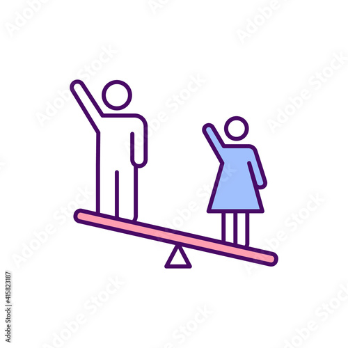 Gender inequality RGB color icon. Prejudicial treatment. Differences in socially constructed gender roles. Unequal men and women treatment. Gender norms and stereotypes. Isolated vector illustration