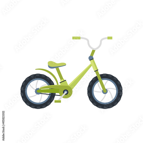 Children s two-wheeled bicycle in green color in a flat style.