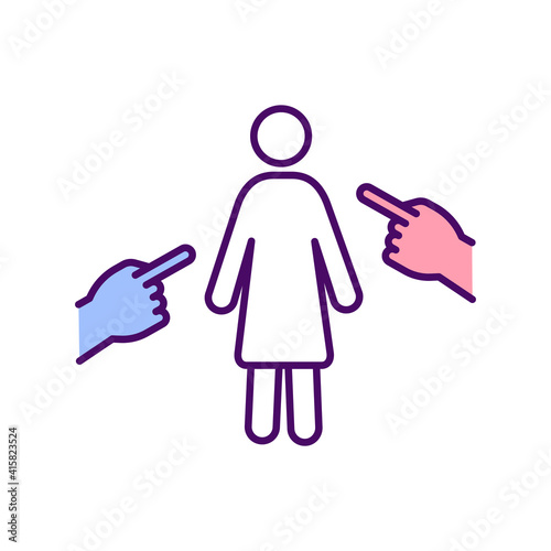 Women discrimination RGB color icon. Victim blaming. Discriminating against and attacking women. Abusive relationships. Emotional harm. Violence against female. Isolated vector illustration