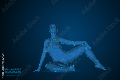 Woman yoga fitness. Abstract consists 3d of triangles, lines, dots and connections. On a dark blue background cosmic universe stars. Vector illustration eps 10.