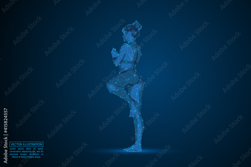 Woman yoga fitness. Abstract consists 3d of triangles, lines, dots and connections. On a dark blue background cosmic universe stars. Vector illustration eps 10.
