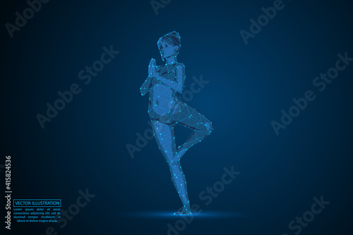 Woman yoga fitness. Abstract consists 3d of triangles, lines, dots and connections. On a dark blue background cosmic universe stars. Vector illustration eps 10.