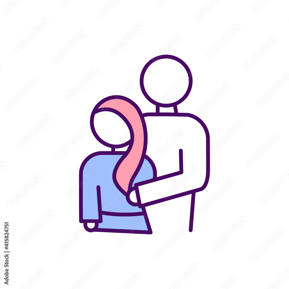 Female harassment RGB color icon. Gender-based abuse. Child marriage. Sex discrimination. Attacking and crimes on women. Wife abuse. Intimate partner violence. Isolated vector illustration