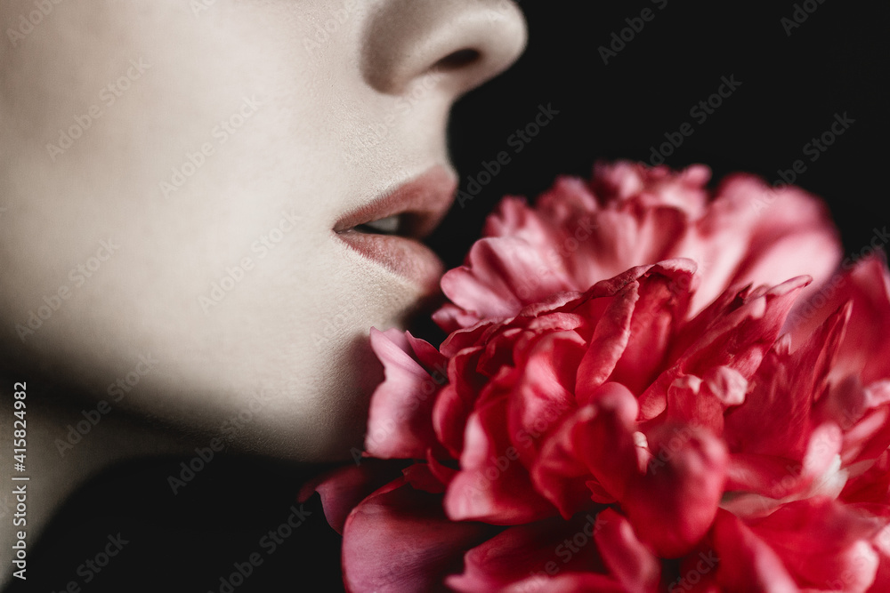 Beautiful girl and red peony Beautiful girl and red peony