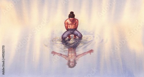 Konstfotografi illustrazione surreale di un uomo riflesso nell'acqua