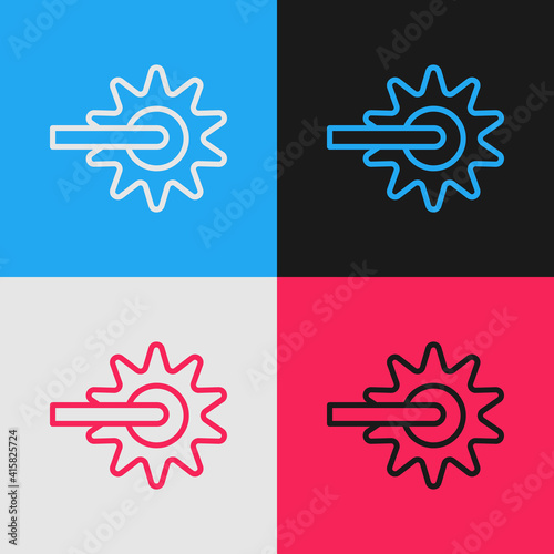 Pop art line Cowboy horse riding spur for boot icon isolated on color background. Vector.