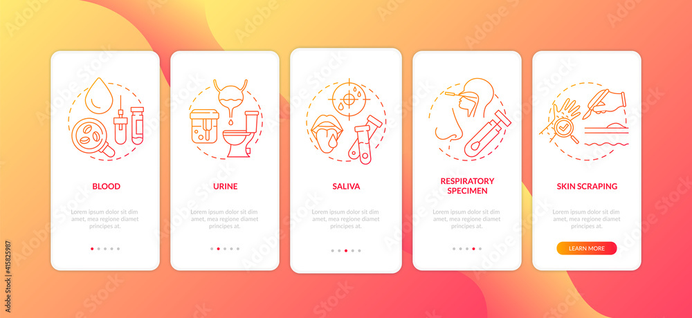 Laboratory specimen types onboarding mobile app page screen with concepts. Saliva, skin scraping walkthrough 5 steps graphic instructions. UI vector template with RGB color illustrations
