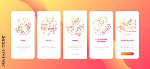 Laboratory specimen types onboarding mobile app page screen with concepts. Saliva, skin scraping walkthrough 5 steps graphic instructions. UI vector template with RGB color illustrations