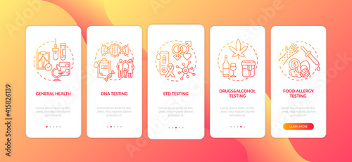 Clinical laboratory tests onboarding mobile app page screen with concepts. Alcohol, food allergy testing walkthrough 5 steps graphic instructions. UI vector template with RGB color illustrations