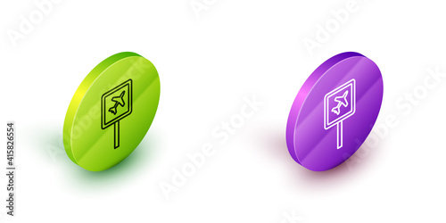 Isometric line Airport icon isolated on white background. Green and purple circle buttons. Vector.