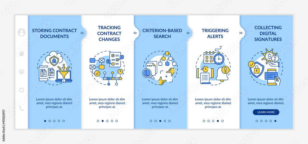 Contract management software functions onboarding vector template. Storing contract documents. Responsive mobile website with icons. Webpage walkthrough step screens. RGB color concept