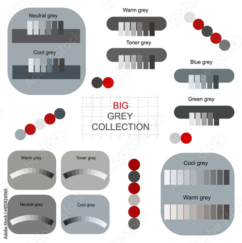 Luxury grey tones 2021 color palettes trendy collection vector. Conceptual colour palettes gray smooth gradient shades. Abstract gray swatches for color design technology. Harmony colors design.