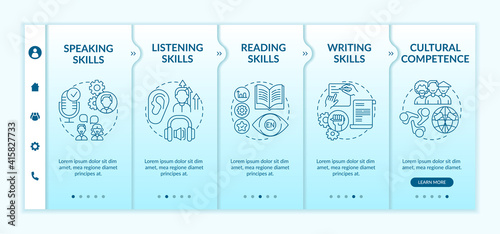 Foreign language learning competencies onboarding vector template. Listening skills. Cultural competence. Responsive mobile website with icons. Webpage walkthrough step screens. RGB color concept