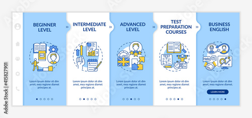 Foreign language learning levels onboarding vector template. Beginner. Advanced level. Test prep courses. Responsive mobile website with icons. Webpage walkthrough step screens. RGB color concept