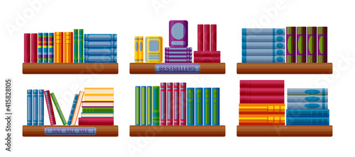 Bookshop shelves with bestsellers and sale options. Bookstore shelf in cartoon style. Vector illustration on white background