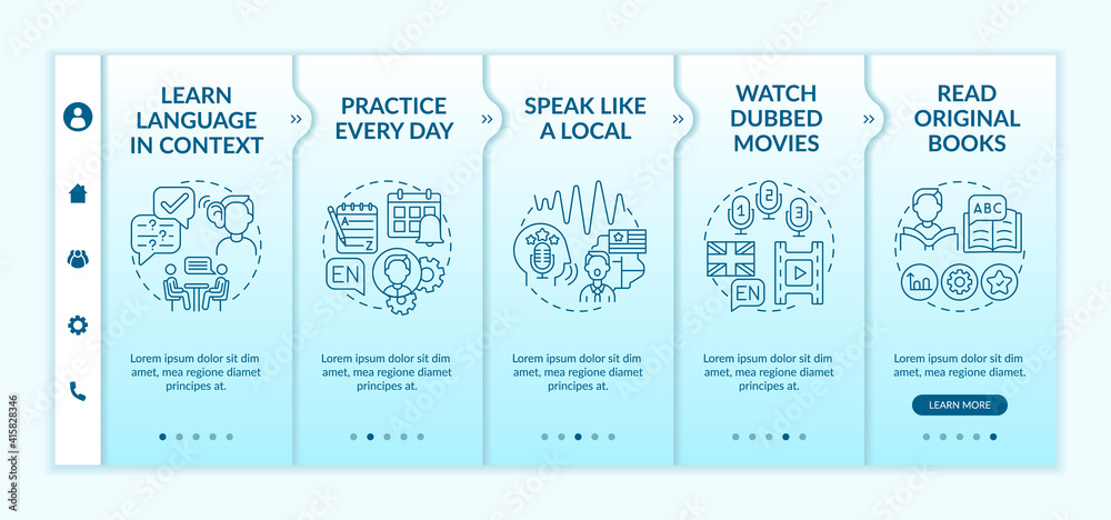 Foreign learning language advices onboarding vector template. Everyday practice. Reading original books. Responsive mobile website with icons. Webpage walkthrough step screens. RGB color concept