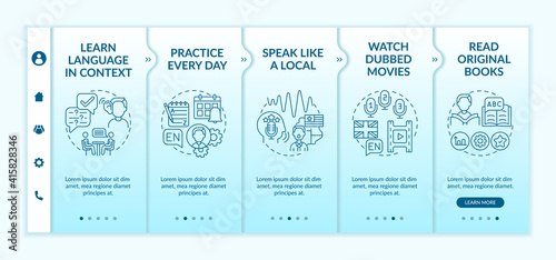 Foreign learning language advices onboarding vector template. Everyday practice. Reading original books. Responsive mobile website with icons. Webpage walkthrough step screens. RGB color concept