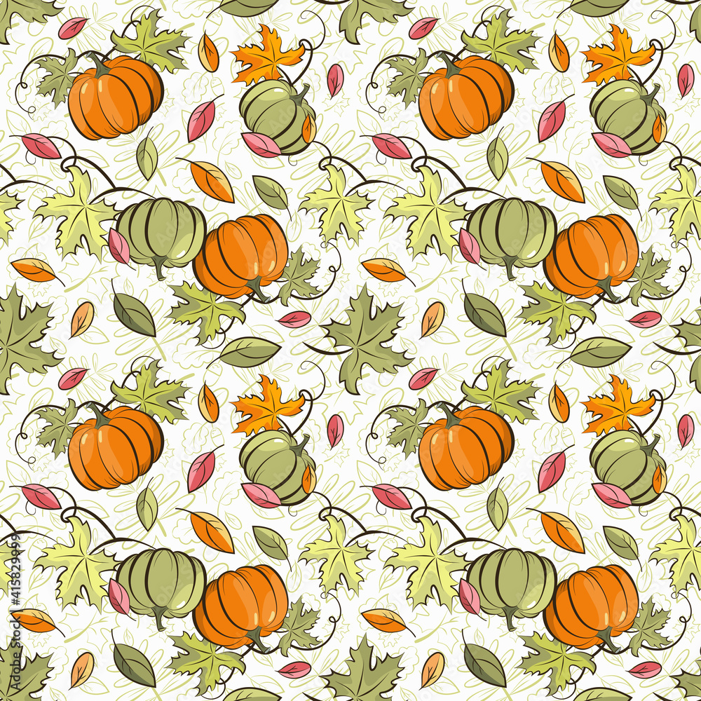 Colorful autumn with ripe pumpkins. Seamless pattern. Vector, isolated.