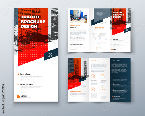 Tri fold red brochure design with square shapes, corporate business template for tri fold flyer. The template is white with a place for photos. Creative concept folded flyer or brochure.