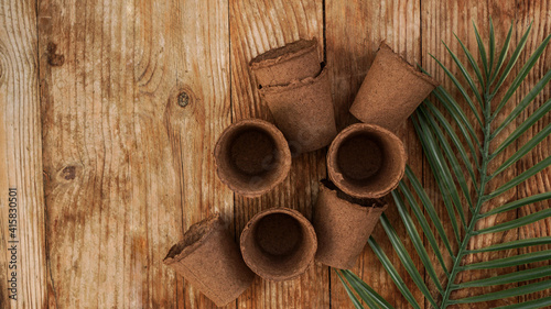 Empty peat pots for seedlings on a wooden background with tropical leaf. Gardening. The concept of preparing garden tools