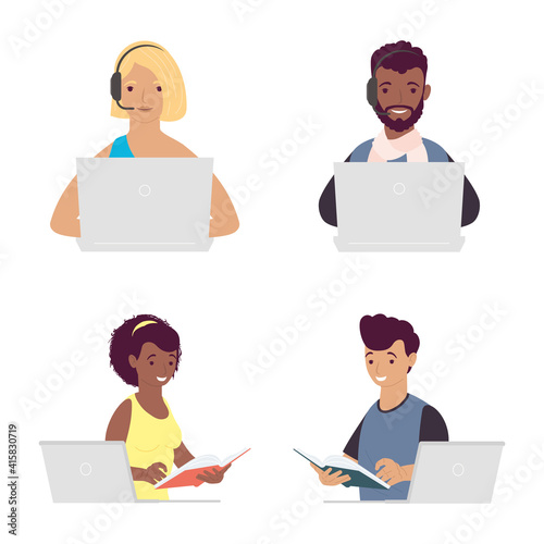 bundle of four students with laptops education online