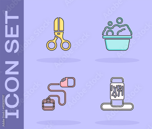 Set Cat scratching post, Scissors hairdresser, Retractable cord leash and Pets bath icon. Vector.