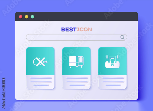 Set Bed, No meat and Bench with barbel icon. Vector.